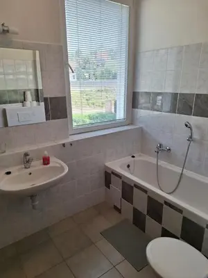 a bathroom with a sink and a tub and a toilet at Penzion Koupaliště in Litoměřice