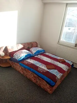 a bedroom with a bed and a window at Penzion Koupaliště in Litoměřice