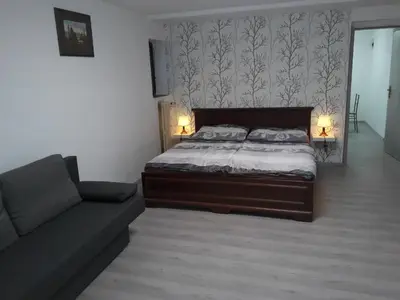 a bedroom with a bed and a couch at Apartman V Podbabe in Prague