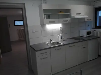 a small kitchen with a sink and a microwave at Apartman V Podbabe in Prague