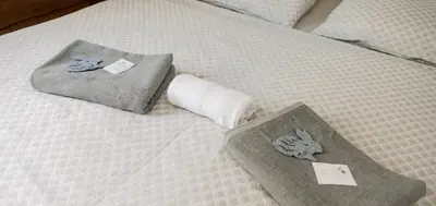 a bed with two towels and a napkin on it at M-Tourist in Prague