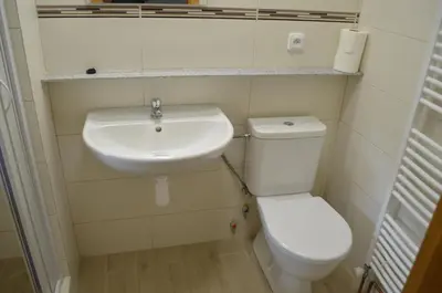 a small bathroom with a toilet and a sink at Apartmány Kosmonosy, Hradištská 181 in Mladá Boleslav