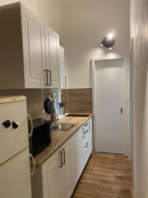 a kitchen with white cabinets and a sink and a refrigerator at Prahabel - C10 in Prague