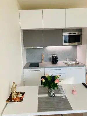 a white kitchen with a vase of flowers on a table at Apartement Blanc Harfa design in Prague