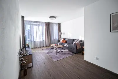 a living room with a couch and a table at Grunt Apartments in Mladá Boleslav