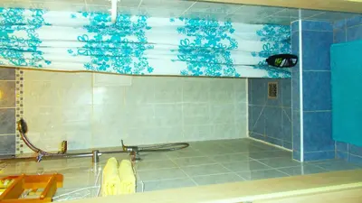 a bathroom with a shower with blue and white tiles at soukromý pokoj in Prague