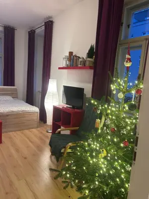 a living room with a christmas tree with lights at Just BE that´s enough!! in Prague