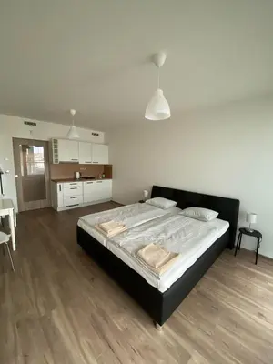 a bedroom with a large bed and a kitchen at Apartment David O2 Arena Prague in Prague