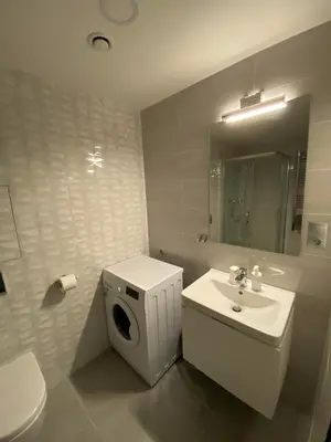 a white bathroom with a toilet and a sink at Apartment David O2 Arena Prague in Prague