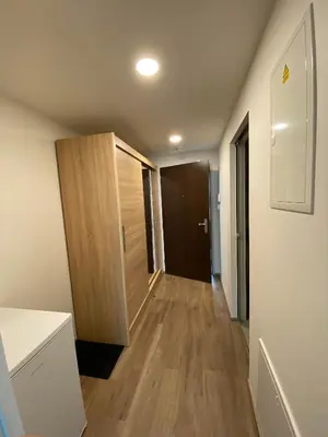 a room with a hallway with a wooden door at Apartment David O2 Arena Prague in Prague