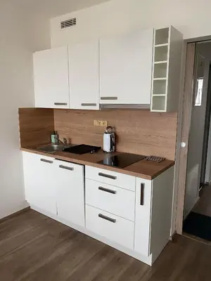 a kitchen with white cabinets and a sink at Apartment David O2 Arena Prague in Prague
