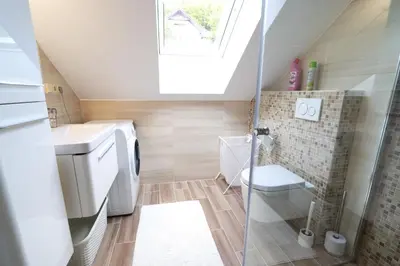 a bathroom with a toilet and a sink and a shower at Chalupa Daisy Posázaví - rekreační ubytování blízko Prahy in Bohuliby