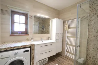 a bathroom with a sink and a washing machine at Chalupa Daisy Posázaví - rekreační ubytování blízko Prahy in Bohuliby