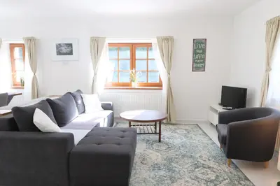a living room with a couch and a tv at Chalupa Daisy Posázaví - rekreační ubytování blízko Prahy in Bohuliby