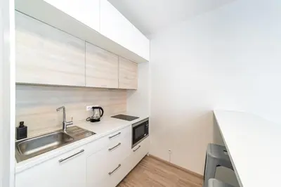 a kitchen with white cabinets and a sink at Apartments Harfa in Prague