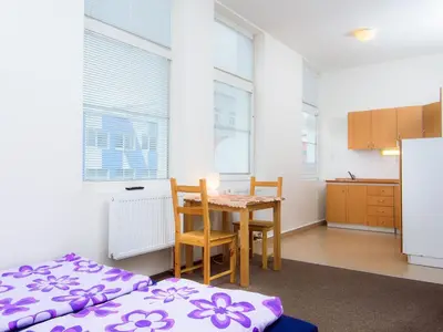a room with a table and chairs and a kitchen at Hostel BOHEMIA in Prague