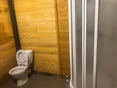 a bathroom with a toilet and a wooden wall at Sazava River Cottage with boating experience in Týnec nad Sázavou