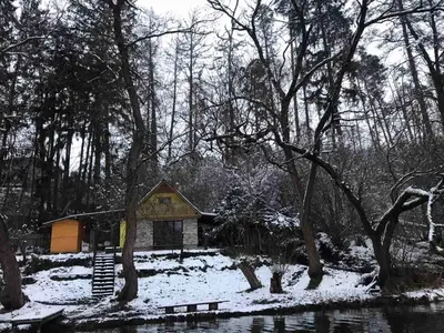a cabin in the woods with snow on the ground at Sazava River Cottage with boating experience in Týnec nad Sázavou