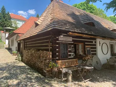a bedroom with a bed and a wooden wall at Romantik Hotel U Raka in Prague