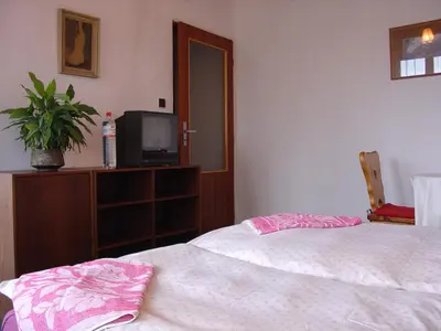 a bedroom with a bed and a dresser with a tv at Lovecký hotel Jívák in Loučeň