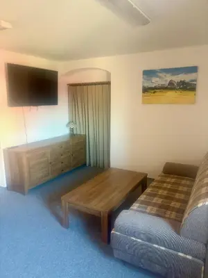 a room with a table and a tv on a wall at Bendovský dvůr in Dušníky