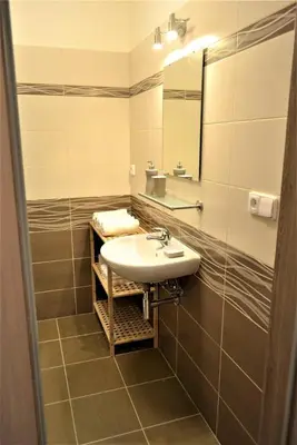 a bathroom with a sink and a mirror at Pension Kotva in Beroun
