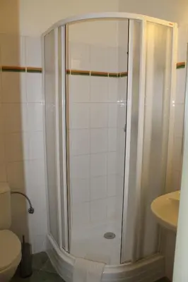 a shower in a bathroom with a toilet and a sink at Ubytování Na špejcharu, Želevčice in Slaný