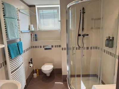 a bathroom with a shower and a toilet at Apartment IRON CUBE in Prague
