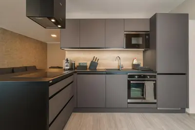 a kitchen with stainless steel appliances and gray cabinets at Gesto Apartments in Prague
