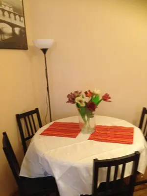 a table with a vase of flowers on it at Andrews Centre Apartment in Prague