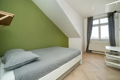 a green bedroom with a bed and a window at Big 4-bedroom flat, terrace with great Vítkov view in Prague