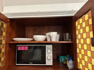 a microwave on a shelf with dishes on it at Stylový byt v srdci Prahy in Prague