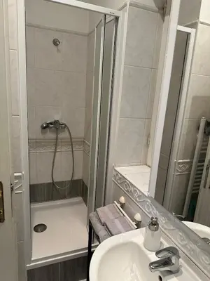 a bathroom with a shower and a sink at Stylový byt v srdci Prahy in Prague