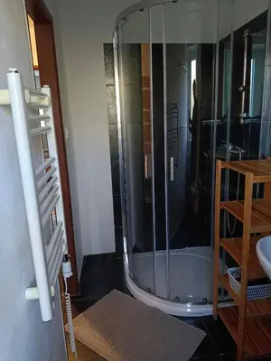 a glass shower in a bathroom with a sink at Apartmán Matěj in Poděbrady