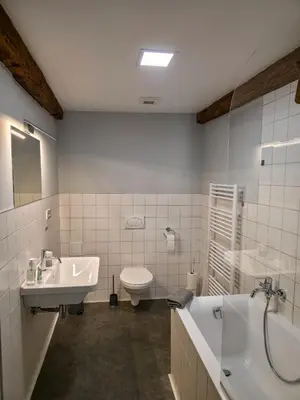 a bathroom with a sink and a tub and a toilet at Pivovar Mlýn in Štětí
