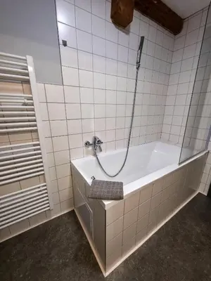 a bathroom with a bath tub with a shower at Pivovar Mlýn in Štětí