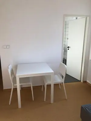 a white table and chairs in a room with a door at Klidné místo v Měsíčním údolí Poříčí nad Sázavou in Poříčí nad Sázavou