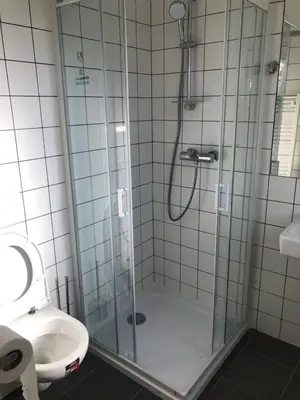 a bathroom with a shower with a sink and a toilet at Klidné místo v Měsíčním údolí Poříčí nad Sázavou in Poříčí nad Sázavou
