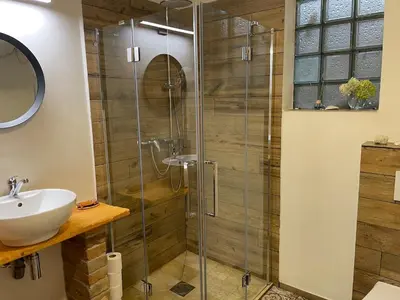 a bathroom with a shower and a sink at Apartmány pod Kozákem in Velké Popovice