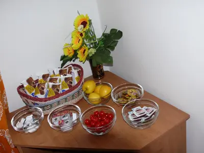 a table with bowls of food and a vase with flowers at Penzion Dana Troja in Prague
