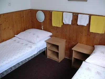 two beds in a room with a mirror and towels at Penzion Dana Troja in Prague