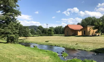 a stream with ducks in a field next to a barn at River wellness in Jince