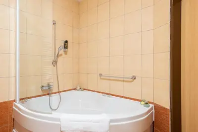 a bathroom with a bath tub with a shower at Hotel Libero in Prague
