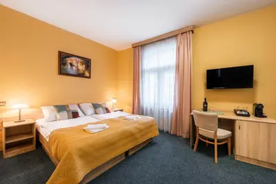 a hotel room with a bed and a desk and a television at Hotel Libero in Prague