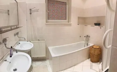 a bathroom with a sink and a tub and a toilet at Apartmán U ŘEKY in Srbsko
