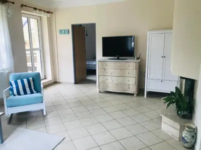 a living room with a tv and a blue chair at Apartmán U ŘEKY in Srbsko