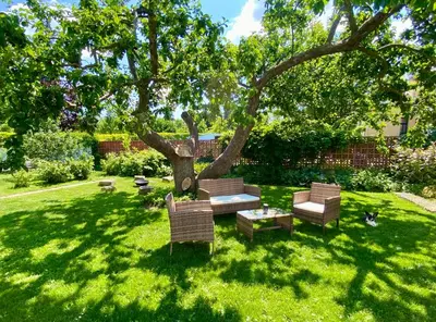 a table and chairs under a tree in a yard at Dobré časy Apartment in Poděbrady
