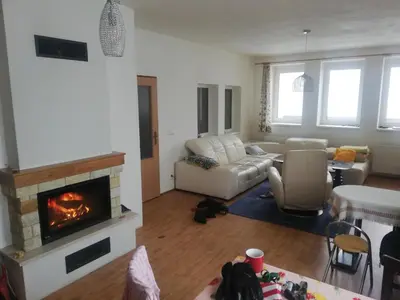 a living room with a couch and a fireplace at Slapská přehrada Radíč in Sedlčany