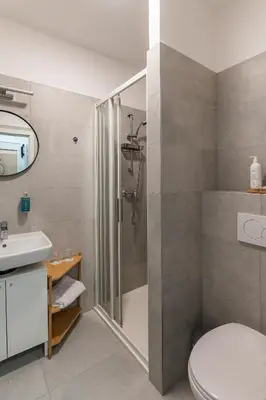a bathroom with a shower and a toilet and a sink at Hotel Restovna in Jíloviště