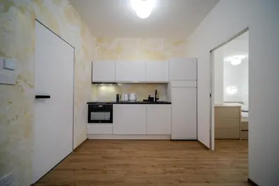 a kitchen with white cabinets and a wooden floor at Apartmán v srdci Prahy in Prague